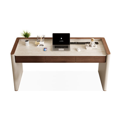 Nut-brown + Beige-white Rectangular Sintered Stone + Manufactured Wood with 3 drawers desk