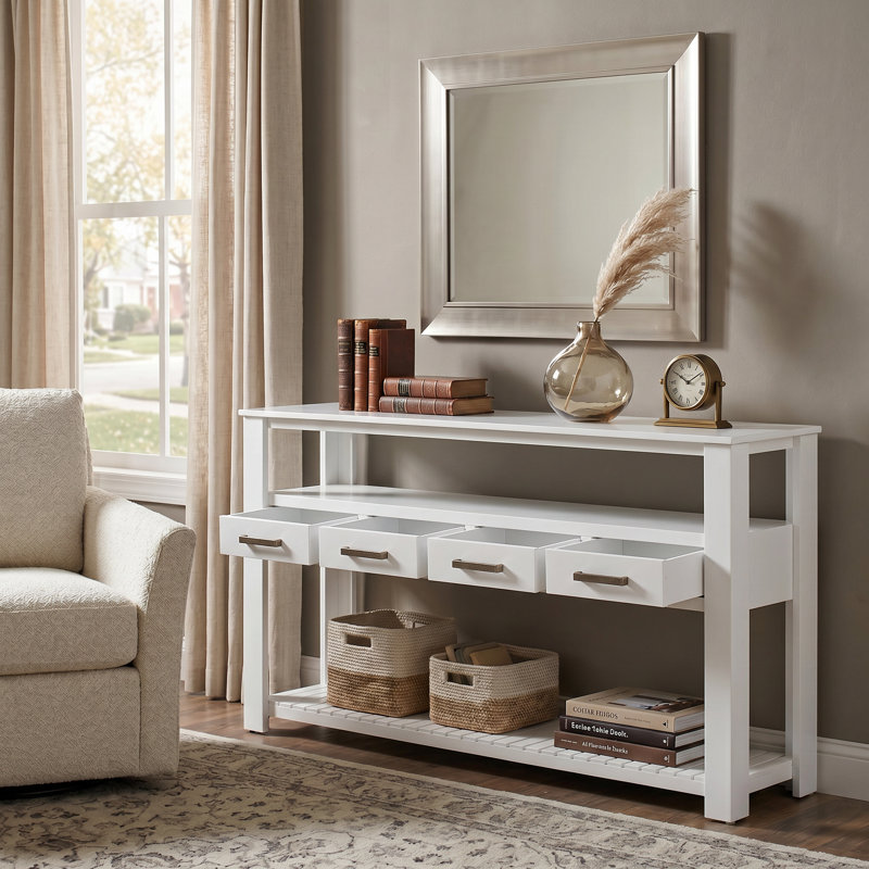 Console de 61,5 po avec 4 tiroirs, 3 tablettes ouvertes à 3 niveaux et poignées en métal, table de canapé polyvalente pour le couloir, la cuisine, le salon et la chambre à coucher