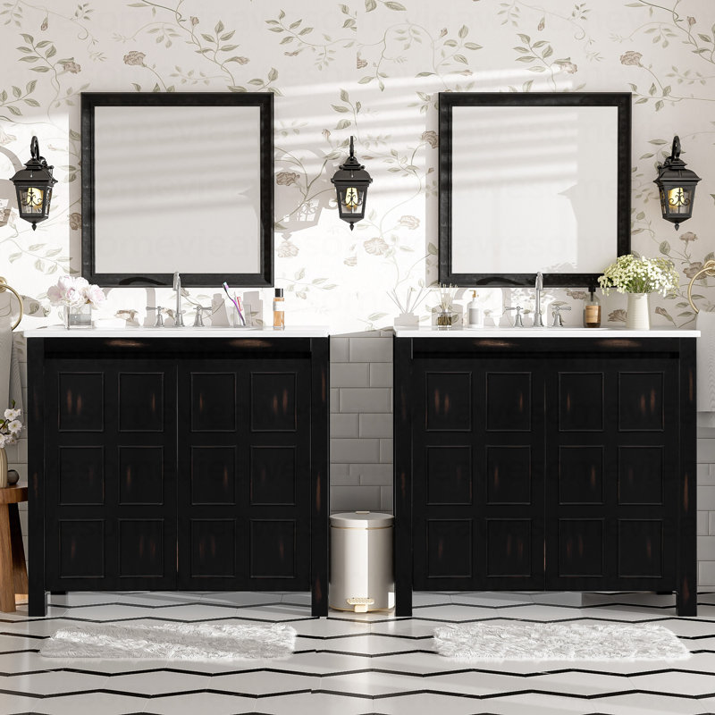 Ensemble de meuble-lavabo 72 po avec lavabos doubles (séparés), lavabos doubles en céramique, portes à fermeture en douceur et tablette réglable - Armoire de rangement espresso rétro pour une organisation élégante de la salle de bain