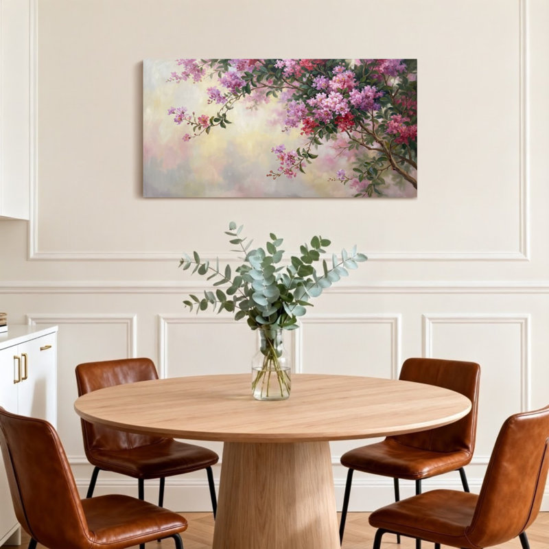 Branches florales de plantes et de fleurs avec des fleurs roses et mauves, H 16 po x l 32 po