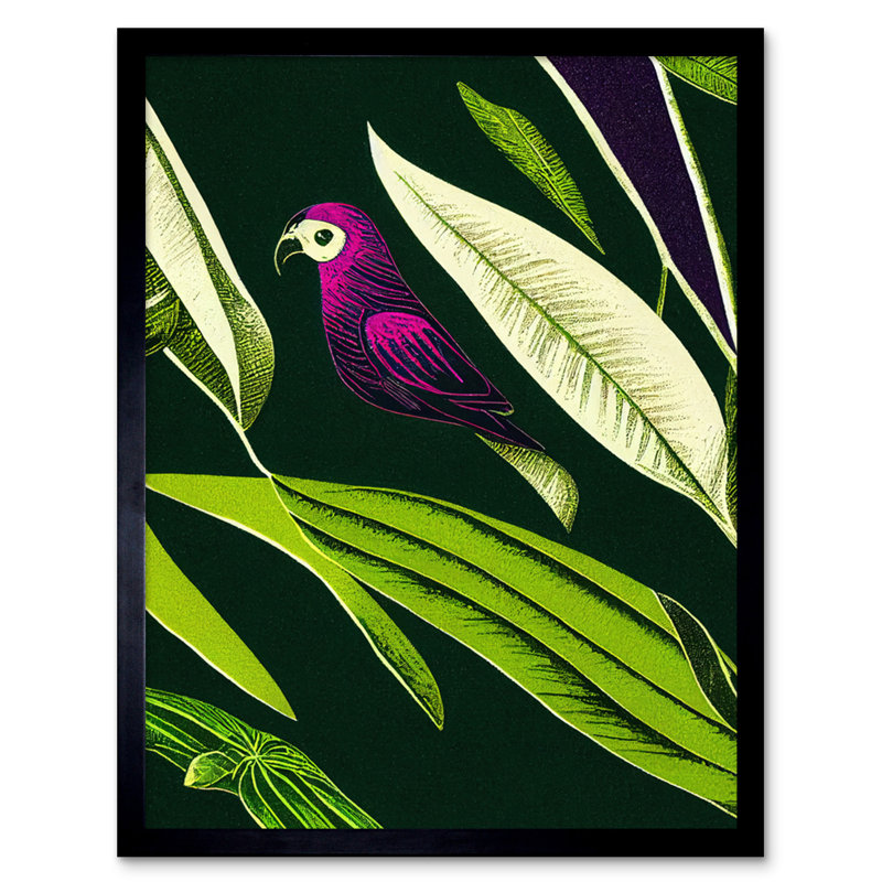 Pink Parrot Tropical Plant Leaves Linocut - Single Picture Frame Print