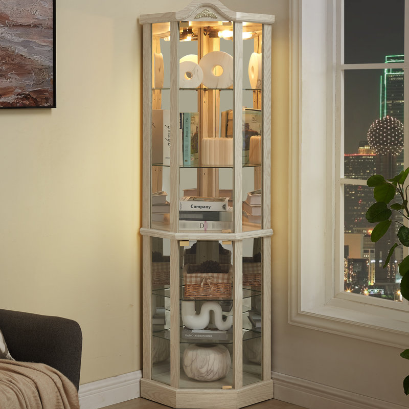 Vitrine d'angle éclairée en verre blanc avec tablettes personnalisables pour la décoration d'art et de livres, White