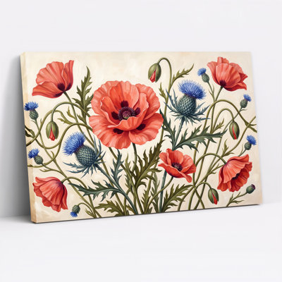 Coquelicots rouges et chardons bleus, art botanique sur toile