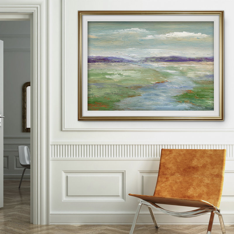 « pré stream i », reproduction de peinture à l’acrylique encadrée, H 30 po x l 40 po x P 1,5 po, Or