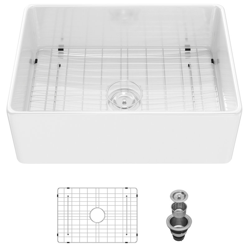 Évier de cuisine simple en céramique blanche de 28 pouces pour la cuisine: avec ensemble de drain, grille inférieure, crépine à panier en acier inoxydable 304, décoloration et teinture, évier de cuisine facile à nettoyer: avec chaleur