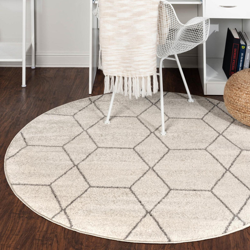 Tapis ivoire à motif géométrique Debrodie, Rond 10pi, Ivoire ivoire