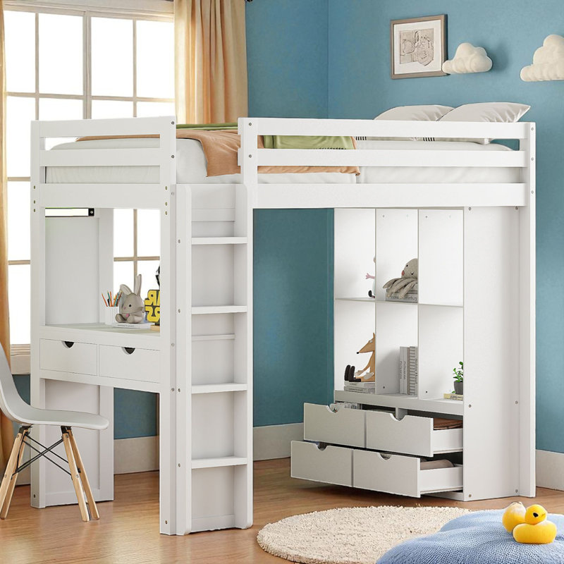 Lit mezzanine avec bureau intégré et rangement, Simple, Blanc