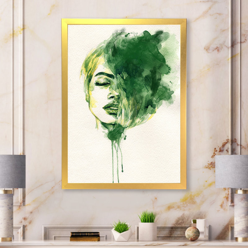 «Green Ink Fashion Portrait» - décoration murale sur toile glam, H 12 po x l 8 po, Impression dorée sur toile encadrée