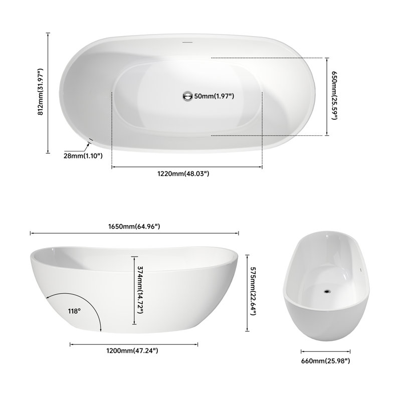 Modern 65" Deep Soaking Acrylic Bathtub, White, , Stain- Surface White Design, Soaking,