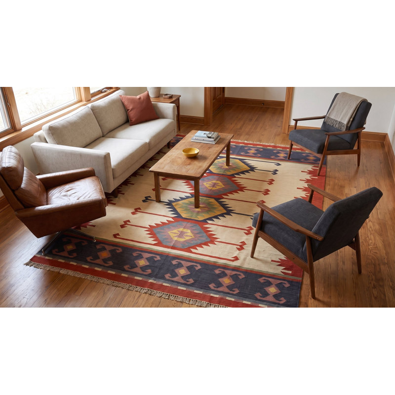Tapis multicolore en laine tissé à plat à la main ivoire Timeless Kilim