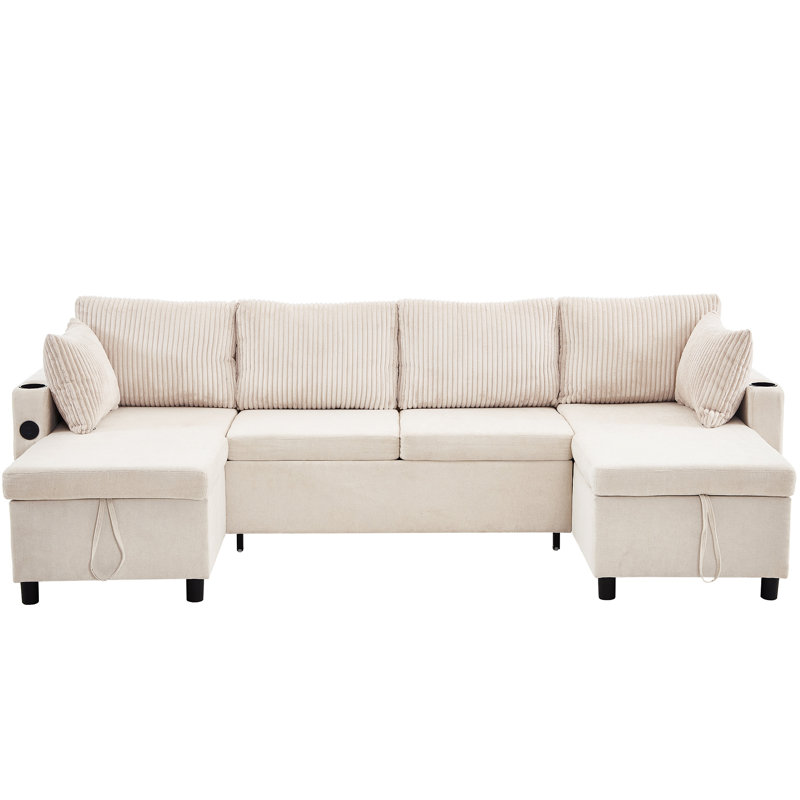 111.8" Sectional Sofa Pull-Out Sofa Bed Versatile Sofa Sleeper With Large Storage Space, Beige Chenille