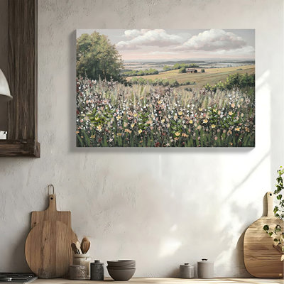 Framed Canvas Wall Art Vintage Decor, Landscape Wall Art, Meadow with Flowers Art, Modern Farmhouse Decor, Cottagecore Bedroom Bathroom Office Decorations, 24"x36"