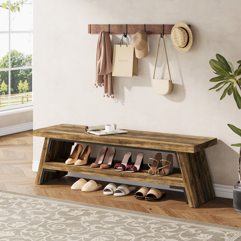 4 Pair Shoe Storage Bench With Lower Shelf, 47'' Front Entry Bench, Brown