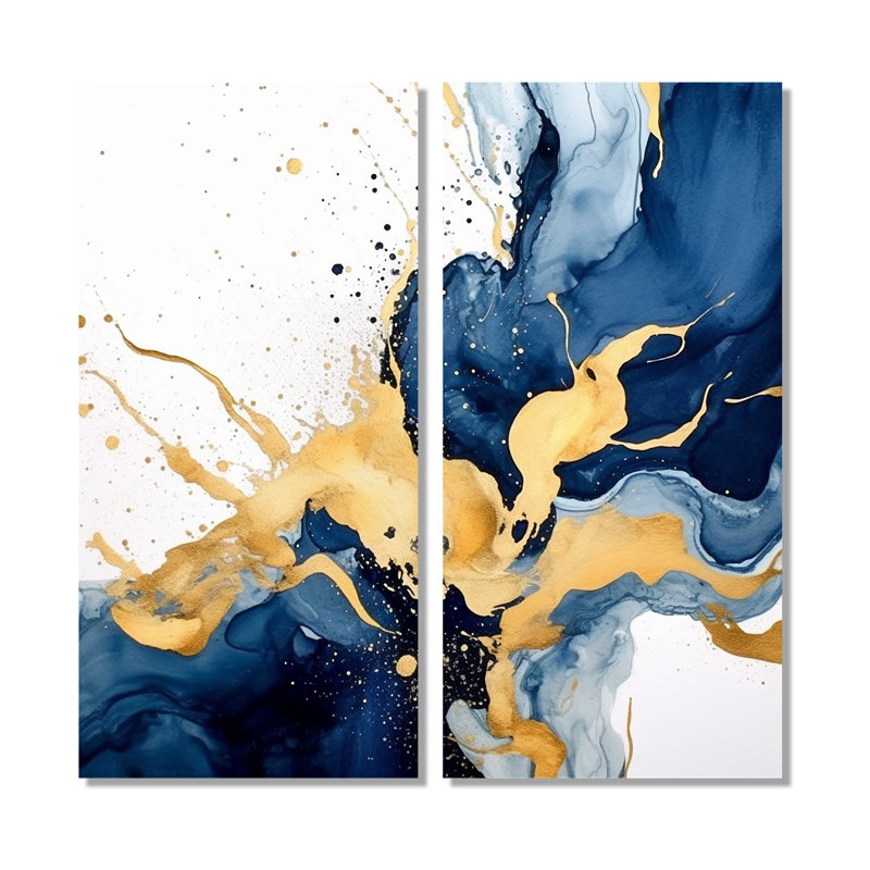 Art mural moderne bleu foncé et or II - 2 panneaux, 20" H x 24" W, Wrapped Canvas, Does Not Apply