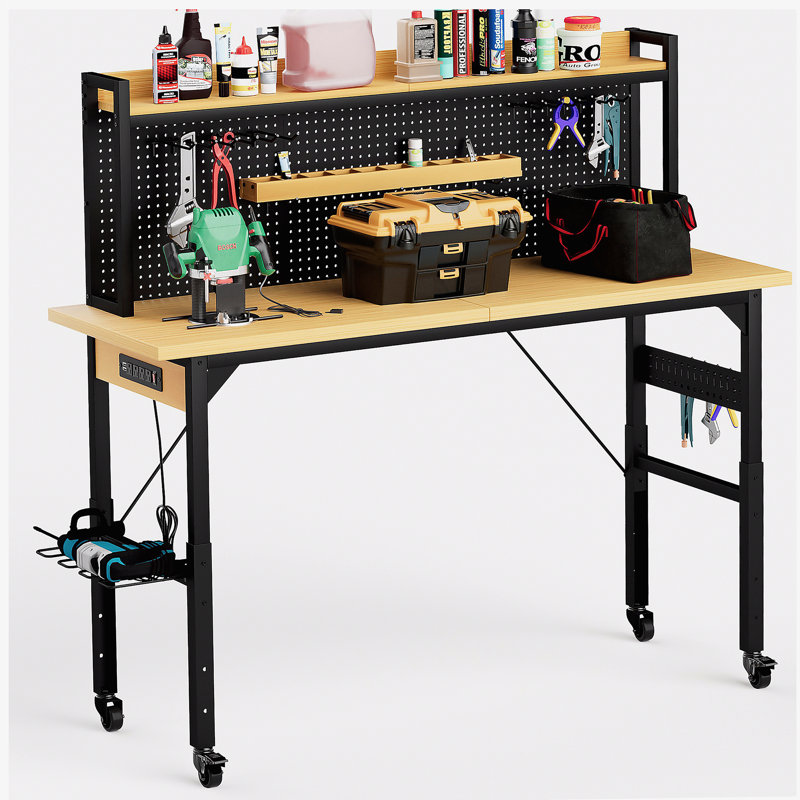 Établi réglable 71 po avec panneau perforé, établi en bois robuste avec roulettes, capacité de charge de 1 600 lb, établi roulant avec prise CA / USB, crochets, tablette, pour garage, atelier, bureau, maison.