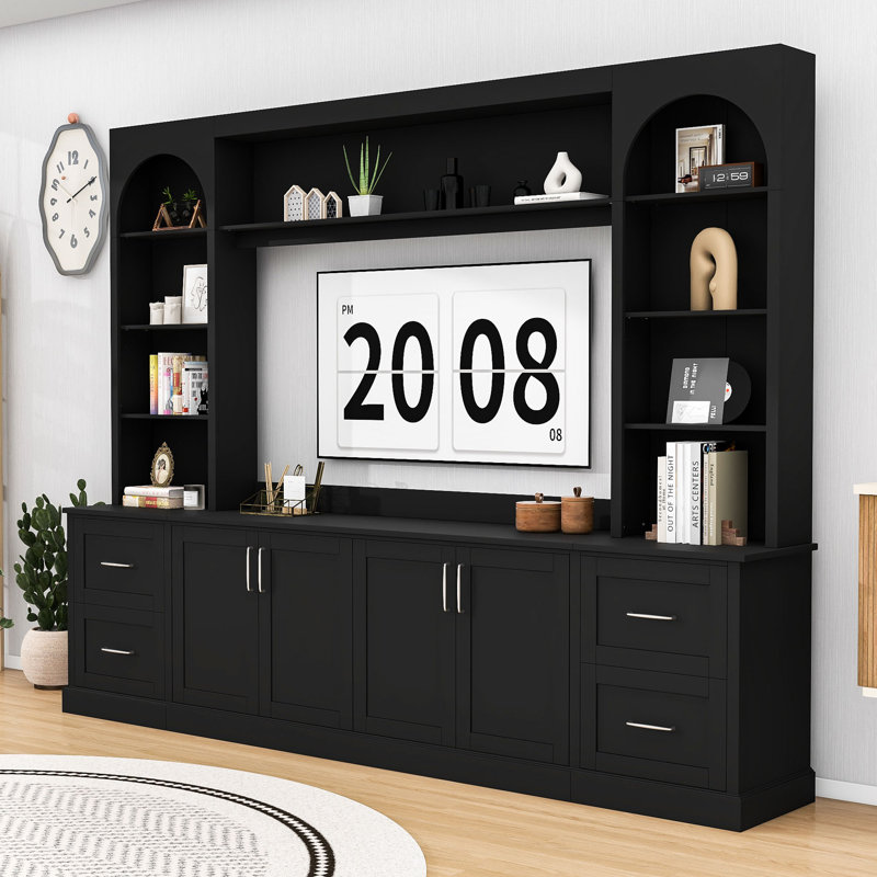 Meuble audio-vidéo en bois avec tiroirs de rangement, tablettes et armoire, Noir