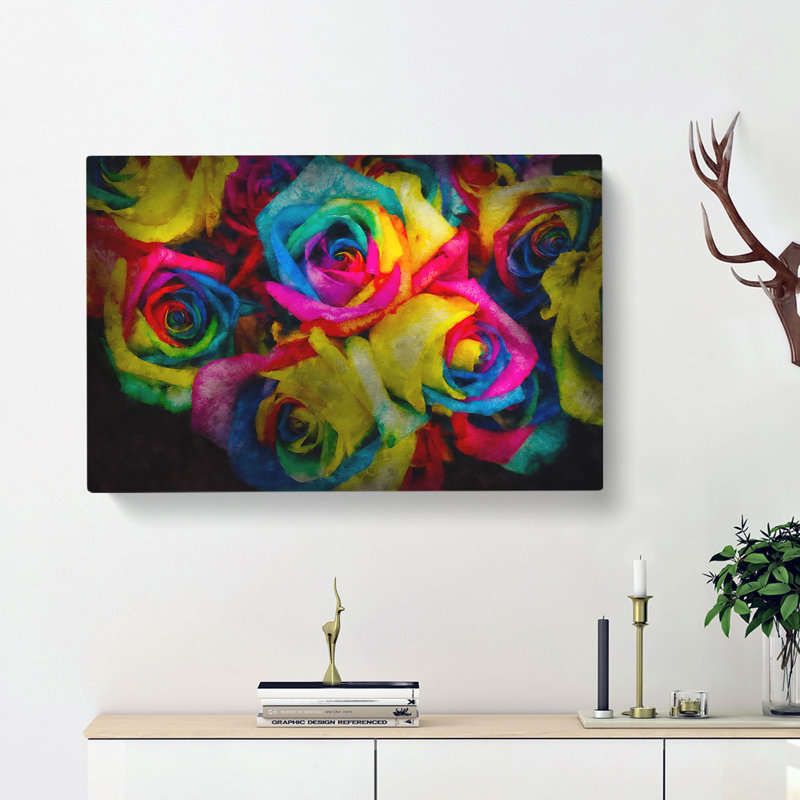 Multi-Coloured Rainbow Roses - Wrapped Canvas, 40cm H x 60cm W x 3cm D