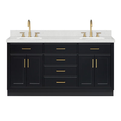 Meuble-lavabo double en bois massif 66 po avec plateau en quartz Carrara de 1,5 po Thornaby