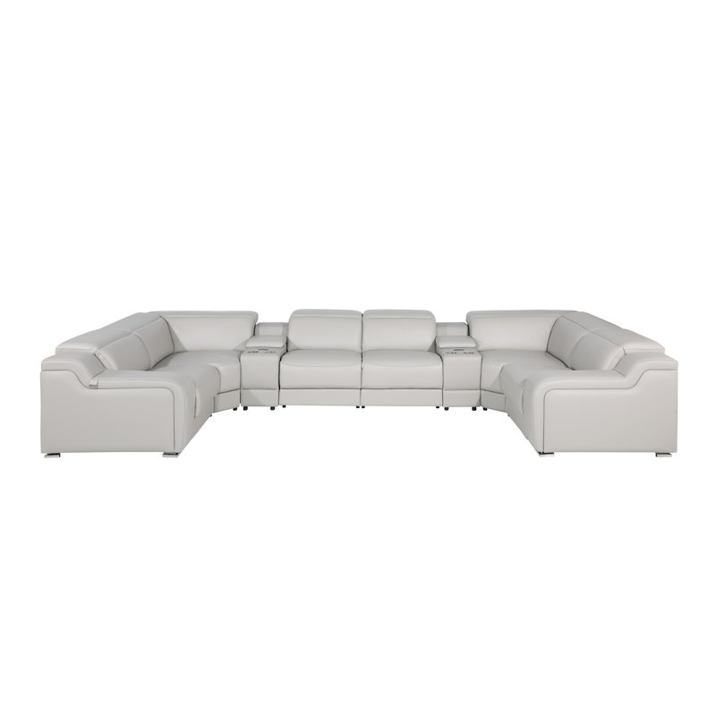 Stanwin 8 - Piece Top Grain Italian Leather Power Reclining Corner Sectional, Light Gray Genuine Leather