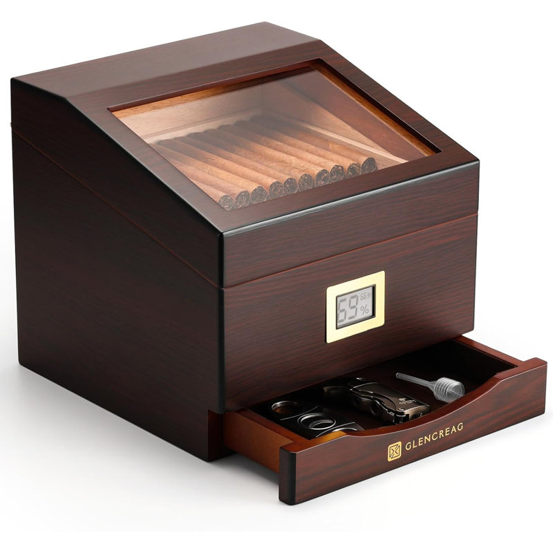 FT-2042 Cigar Humidor Box for 85 Counts, See-Through Design with Spanish Cedar Lining & Divider, Digital Hygrometer