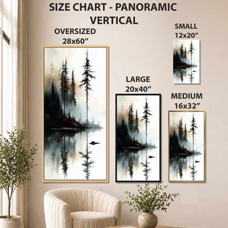 «White Black Snowline Mirror Lake I», reproduction d'art sur toile, art mural d'hiver, H 20 po x l 12 po, Cadre flottant brun