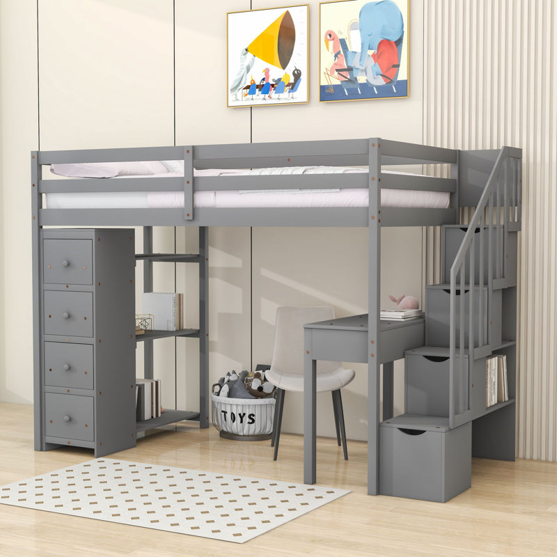 Helson Kids Twin 6 Drawers Wood Loft Bed with Built-in Desk and Shelves, Gray