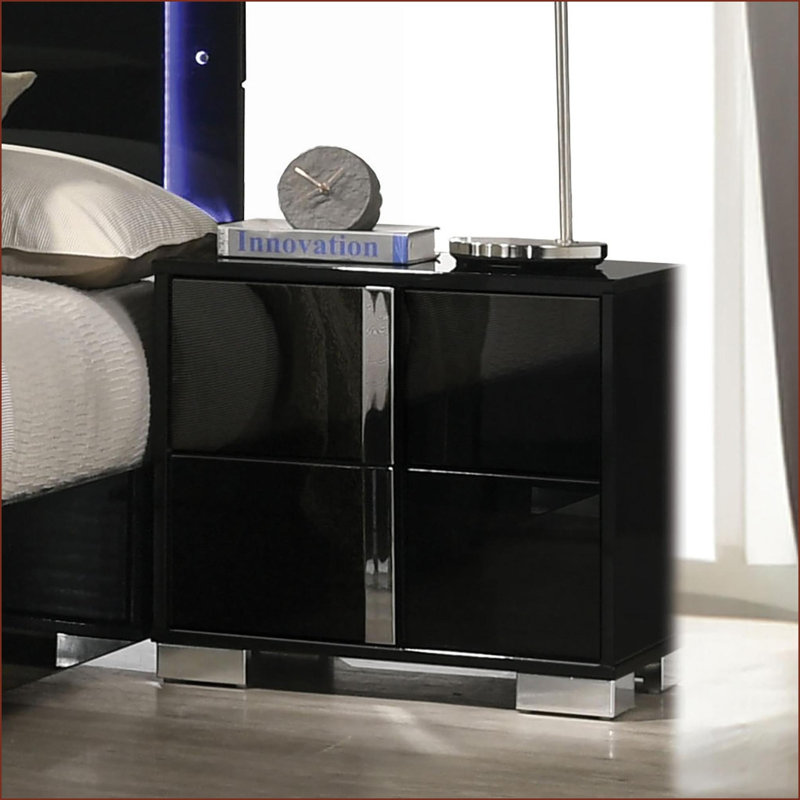 Table de chevet moderne noire avec pieds chromés Finition UV, Noir