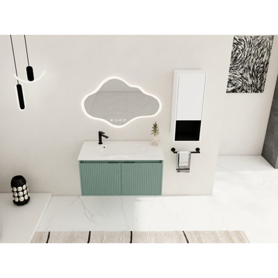 Armoire de salle de bain moderne 36 po avec lavabo en résine et tablette latérale, blanc, contemporain, compartiment en contreplaqué, style contemporain