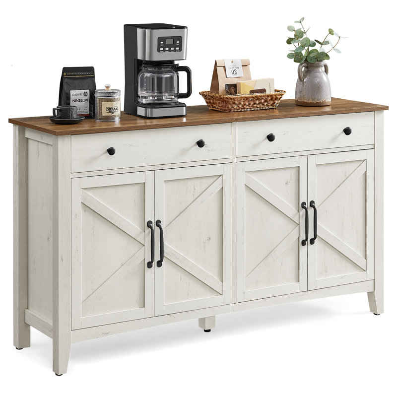 Buffet Farmhouse avec tablettes réglables et 2 tiroirs pour la cuisine	, Blanc rustique / brun miel