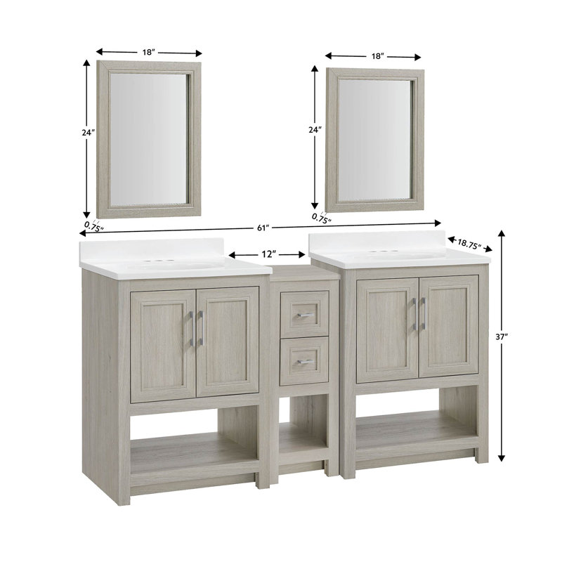 Stovall 61 Inch Double Vanity with Integrated Top and Sink with Mirrors, Sandstone