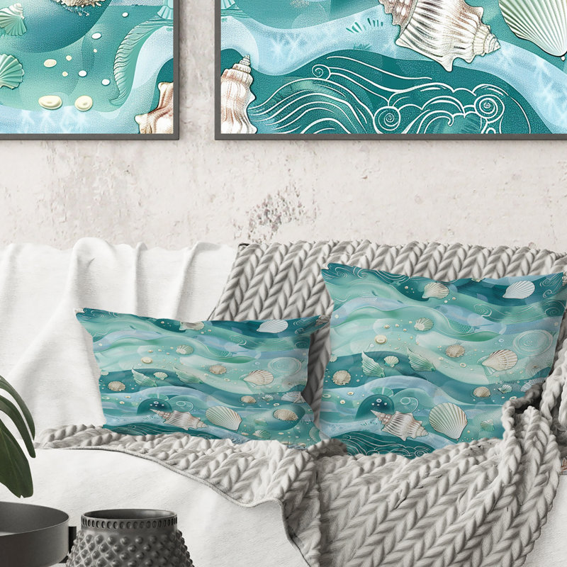 Coussin lombaire à motif de coquillage bleu crème Wave Seasures, 18" x 18", Carrée