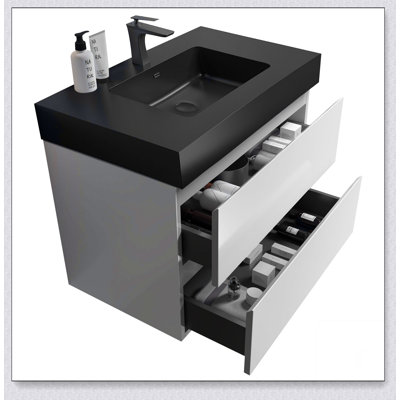 Meuble-lavabo de salle de bain avec lavabo, grand meuble-lavabo flottant mural de rangement pour salle de bain moderne, lavabo une pièce brillant sans drain ni fauve