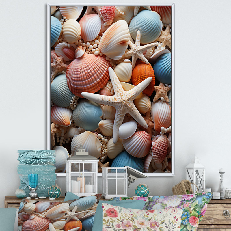 «Beach Photo Seashell Symphony X», reproduction sur toile, H 32 po x l 16 po x P 1 po, Cadre flottant blanc