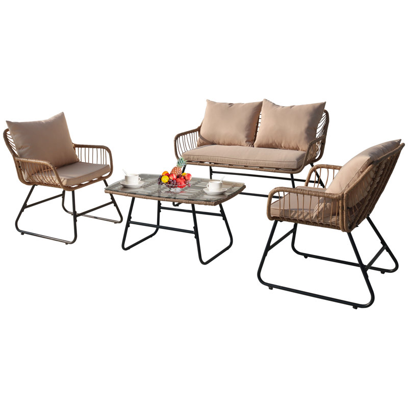 Ensemble de conversation de patio en osier 4 pièces avec coussins pour 4 personnes, Beige