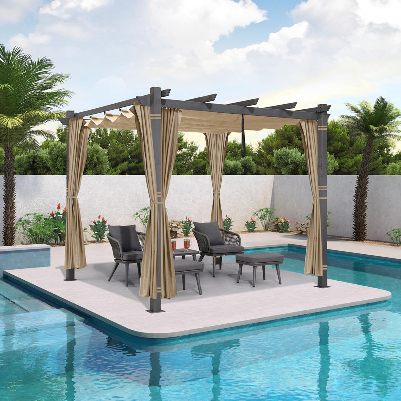 Outdoor Pergola With 4-sided Curtains Retractable Canopy Patio Aluminum Sun Shade For Garden Deck Porch Gazebo Pavilion Grill Modern Yard Grape Trellis Pergola