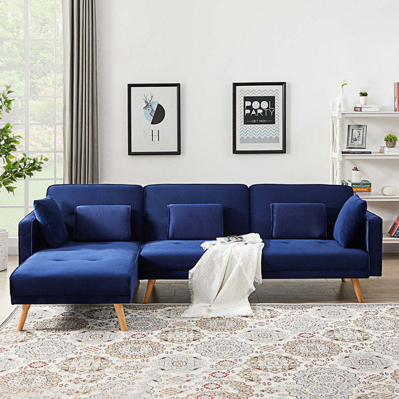Canapé modulaire rembourré 3 pièces Amirea, Gauche, Velours bleu