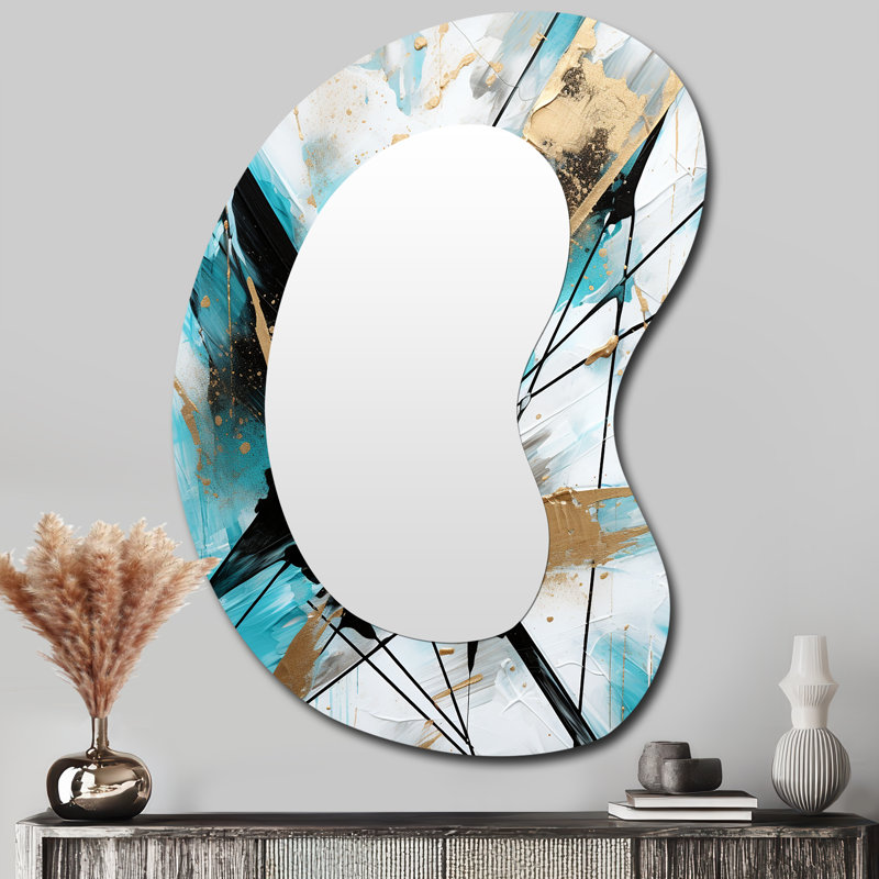 Espyn Diagonal Dimensions Black Gold - Abstract Painting Unique Shape Decorative Mirror, Modern Asymmetrical Large Wall Mirror, Printed Metal Art