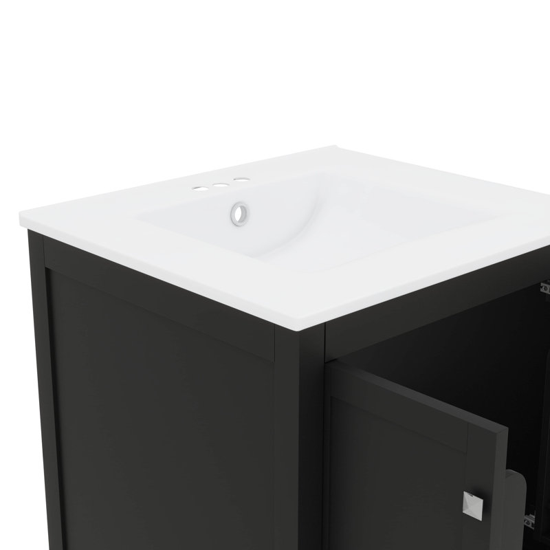  Ensemble de meuble-lavabo élégant avec lavabos en céramique et tiroirs cloisonnés, Ensemble central de 4 po, 24", Noir