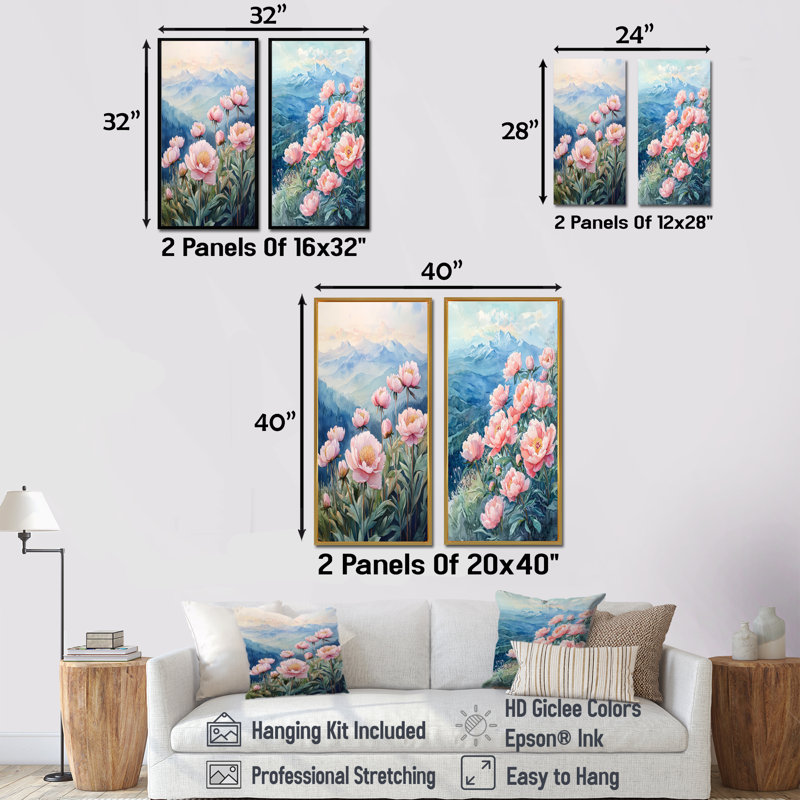 Pivoines dans la haute crête I - décoration murale en toile florale 2 panneaux, H 28 po x l 25 po, Cadre flottant noir