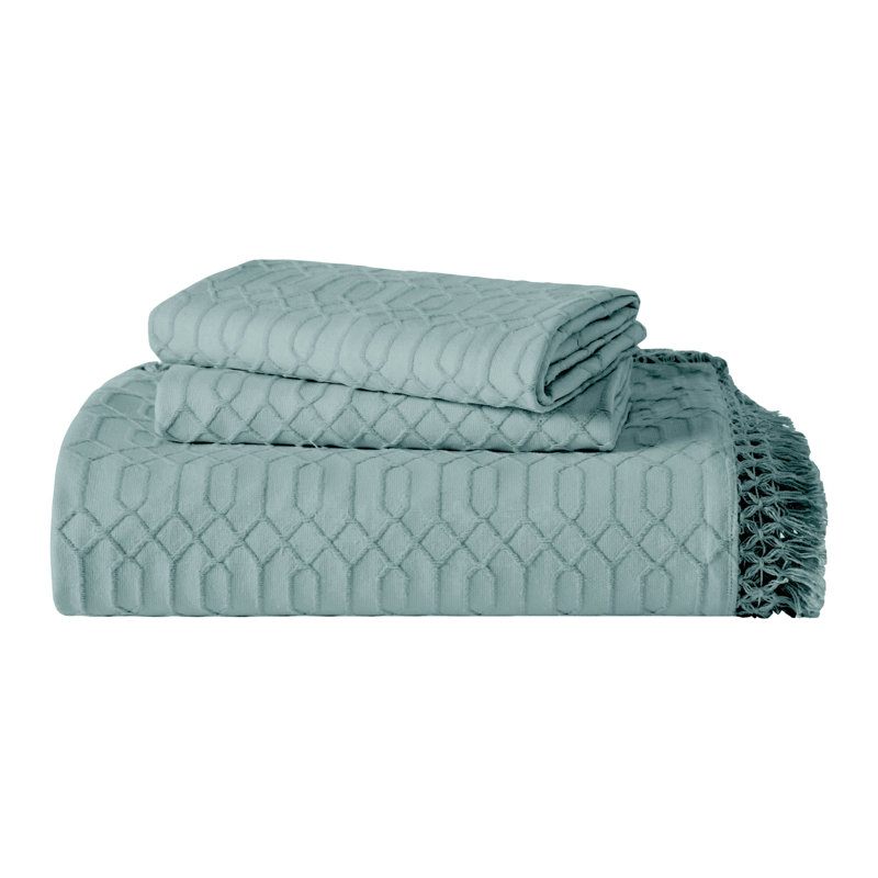 Ensemble de couvre-lit et de taies décoratives en mélange de coton à frange géométrique The Blue Nile Mills, Turquoise