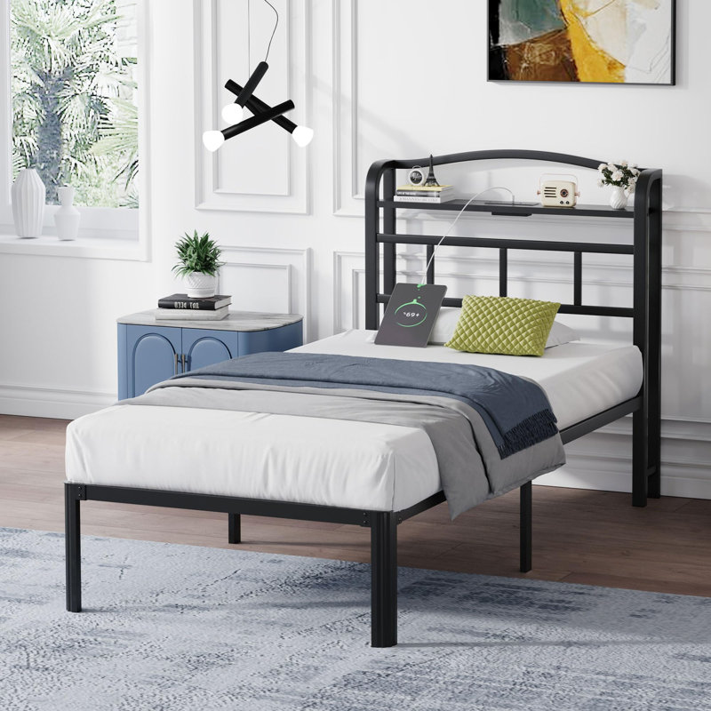 14 Inch Metal Bed Frame With Headboard And Charging Station No Box Spring Needed, Twin