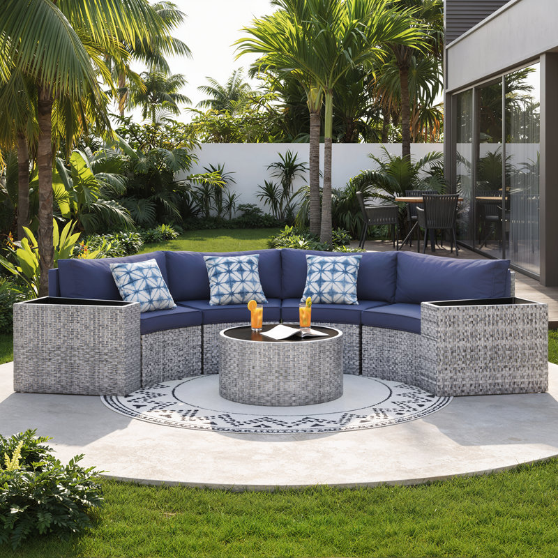 4 - Person Fully Assembled Curved Patio Conversation Set With Side Table, Blue