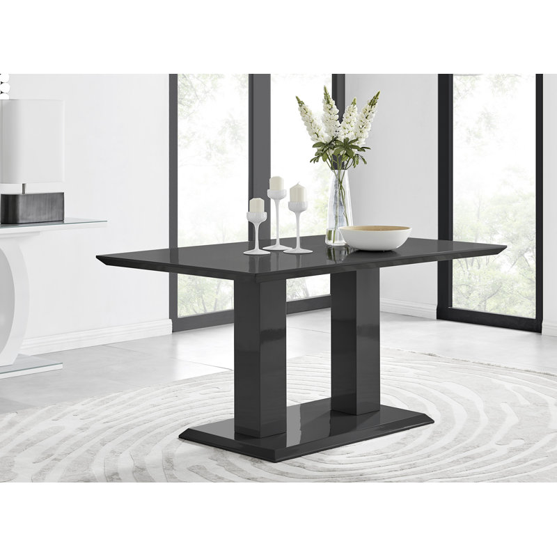 Edzard Double Pedestal High Gloss Dining Table Set with 6 Luxury Faux Leather Dining Chairs, Black