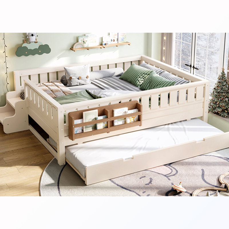 Lit double avec bibliothèque et lit gigogne, Beige, Double