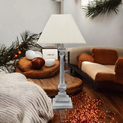 Forteau 45 Cream Wooden Table Lamp | Country Style Bedside Lamp with Washed Wood Base and Elegant Fabric Shade