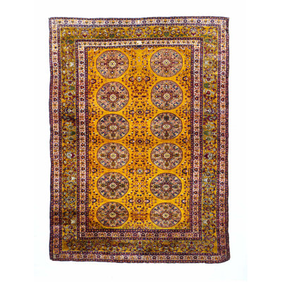 Tapis jaune / rouge en laine noué à la main de conception unique 4 pi 5 po x 6 pi 3 po