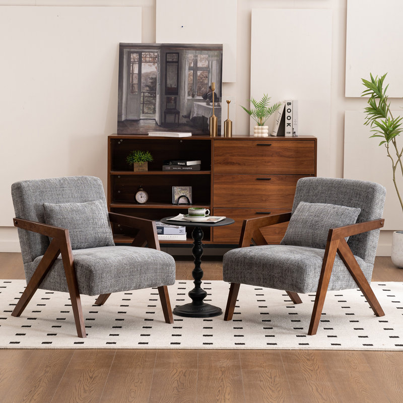 Juriana Mid Century Modern Upholstered Solid Wood Accent Armchair with an Extra Pillow, Gray Fabric