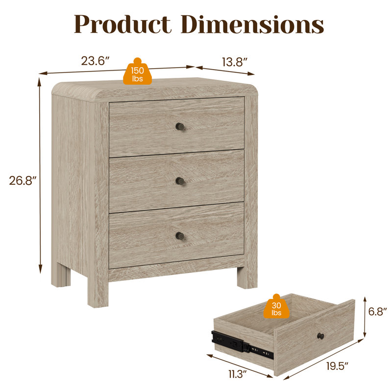 Table de chevet 3 tiroirs pour chambre à coucher, ensemble de 2, Brun