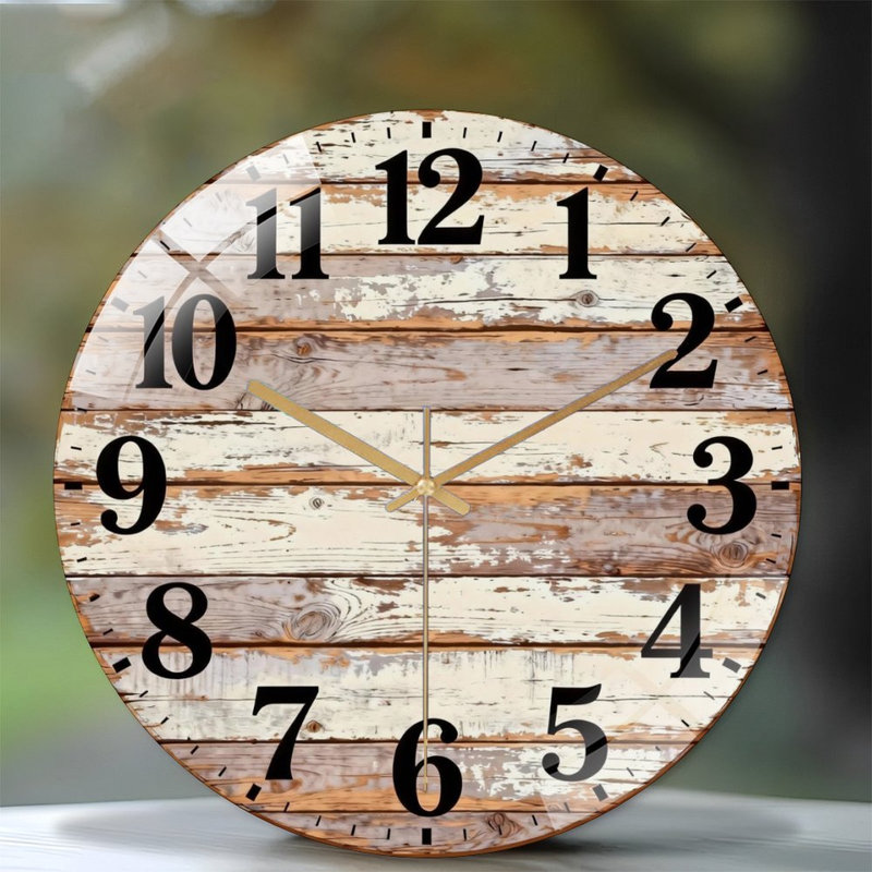 Horloge murale 12 po ronde en verre trempé avec mouvement à quartz silencieux, Bois naturel gris
