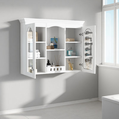 Wall Mounted Medicine Cabinet, Bathroom Wall Cabinet With 2 Glass Doors, Over The Toilet Space Saver Storage Cabinet With Ample Storage, White